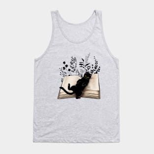 Cat reading a book, watercolor style, flowers growing from book, cats end books lovers lover Tank Top